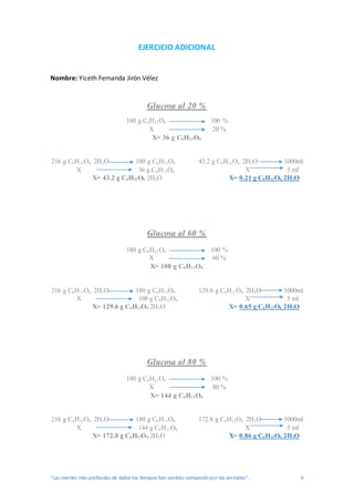 “Las mentes más profundas de todos los tiempos han sentido compasiónpor los animales”. 6
EJERCICIO ADICIONAL
Nombre: Yiceth Fernanda Jirón Vélez
Glucosa al 20 %
180 g C6H12O6 100 %
X 20 %
X= 36 g C6H12O6
216 g C6H12O6 . 2H2O 180 g C6H12O6 43.2 g C6H12O6 . 2H2O 1000ml
X 36 g C6H12O6 X 5 ml
X= 43.2 g C6H12O6. 2H2O X= 0.21 g C6H12O6. 2H2O
Glucosa al 60 %
180 g C6H12O6 100 %
X 60 %
X= 108 g C6H12O6
216 g C6H12O6 . 2H2O 180 g C6H12O6 129.6 g C6H12O6 . 2H2O 1000ml
X 108 g C6H12O6 X 5 ml
X= 129.6 g C6H12O6. 2H2O X= 0.65 g C6H12O6. 2H2O
Glucosa al 80 %
180 g C6H12O6 100 %
X 80 %
X= 144 g C6H12O6
216 g C6H12O6 . 2H2O 180 g C6H12O6 172.8 g C6H12O6 . 2H2O 1000ml
X 144 g C6H12O6 X 5 ml
X= 172.8 g C6H12O6. 2H2O X= 0.86 g C6H12O6. 2H2O
 