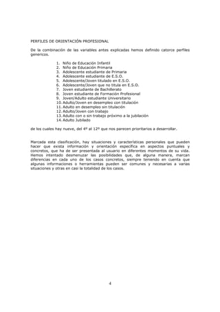 PERFILES DE ORIENTACIÓN PROFESIONAL
De la combinación de las variables antes explicadas hemos definido catorce perfiles
genericos.
1. Niño de Educación Infantil
2. Niño de Educación Primaria
3. Adolescente estudiante de Primaria
4. Adolescente estudiante de E.S.O.
5. Adolescente/Joven titulado en E.S.O.
6. Adolescente/Joven que no titula en E.S.O.
7. Joven estudiante de Bachillerato
8. Joven estudiante de Formación Profesional
9. Joven/Adulto estudiante Universitario
10. Adulto/Joven en desempleo con titulación
11. Adulto en desempleo sin titulación
12. Adulto/Joven con trabajo
13. Adulto con o sin trabajo próximo a la jubilación
14. Adulto Jubilado
de los cuales hay nueve, del 4º al 12º que nos parecen prioritarios a desarrollar.

Marcada esta clasificación, hay situaciones y características personales que pueden
hacer que exista información y orientación específica en aspectos puntuales y
concretos, que ha de ser presentada al usuario en diferentes momentos de su vida.
Hemos intentado desmenuzar las posibilidades que, de alguna manera, marcan
diferencias en cada uno de los casos concretos, siempre teniendo en cuenta que
algunas informaciones o herramientas pueden ser comunes y necesarias a varias
situaciones y otras en casi la totalidad de los casos.

4

 