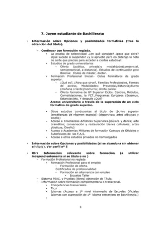 7. Joven estudiante de Bachillerato
•

Información sobre Opciones
obtención del título).
•

y

posibilidades

formativas

(tras

la

Continuar con formación reglada.
• La prueba de selectividad .¿en qué consiste? ¿para que sirve?
¿Qué sucede si suspendo? ¿y si apruebo pero no obtengo la nota
de corte que preciso para acceder a ciertos estudios?.
• Estudios de grado universitarios
• Oferta
(publica,
privada)y
modalidades(presencial,
semipresencial, a distancia). Estudios de continuación post
Bolonia: títulos de máster, doctor.
• Formación Profesional Inicial.- Ciclos Formativos de grado
superior.
• ¿Qué es?, ¿Para que sirve?, Familias Profesionales, Formas
de
acceso,
Modalidades:
Presencial/distancia;diurno
(mañana o tarde)/nocturno; oferta parcial
• Oferta formativa de Gº Superior Ciclos, Centros, Módulos,
Convalidaciones, la FCT.,Programas Europeos (Erasmus,
Estancias)etc. Y después ¿Qué?
Acceso universitario a través de la superación de un ciclo
formativo de grado superior.
•

•

•
•

Otros estudios conducentes al titulo de técnico superior
(enseñanzas de régimen especial) (deportivas; artes plásticas y
diseño)
Acceso a Enseñanzas Artísticas Superiores.(música y danza; arte
dramático; conservación y restauración bienes culturales; artes
plásticas; Diseño)
Acceso a Academias Militares de formación Cuerpos de Oficiales y
Suboficiales de las F,A,S.
Acceso a otros estudios privados no homologados

•

Información sobre Opciones y posibilidades (si se abandona sin obtener
el título). Ver perfil nº 5

•

Otra
Información
relevante
sobre
formación
(a
utilizar
independientemente si se titula o no )
• Formación Profesional no reglada
• Formación Profesional para el empleo
• Formación de oferta.
Certificados de profesionalidad
• Formación en alternancia con empleo
• Escuelas Taller
• Sistema PEAC. y Pruebas (libres) obtención de Título.
• Información sobre formación complementaria o transversal.
• Competencias trasversales
• Tic,s
• Idiomas (Acceso a 1º nivel intermedio de Escuelas Oficiales
Idiomas con superación de 1º idioma extranjero en Bachillerato.)
•

8

 