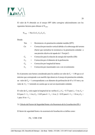 20
El valor de N obtenido en el ensayo SPT debe corregirse adicionalmente con los
siguientes factores para obtener el N1(60).
N1(60) = Nm Cn CE CB CR CS
Donde:
Nm = Resistencia a la penetración estándar medida (SPT)
Cn = Corrección por tensión vertical debida a la sobrecarga del terreno
(factor que normaliza la resistencia a la penetración estándar a
una presión efectiva de tapada de 1 Ton/pie2
)
CE = Corrección para la relación de energía del martillo (ER)
CB = Corrección por el diámetro de la perforación
CR = Corrección por longitud de barras
CS = Corrección por muestreador con o sin revestimiento
En el presente caso hemos considerado para los análisis un valor de CE = 1.00 que es el
máximo que corresponde a un martillo tipo donut en el ensayo de penetración estándar,
un valor de CB = 1 correspondiente a un diámetro de perforación de 65 a 115 mm y un
valor de CS = 1 teniendo en cuenta que se usó un muestreador estándar.
El valor de CR varía según la longitud de las varillas (l b ). CR = 0.75 para l b < 3 m, CR =
0.8 para 3 < l b < 4 m, CR = 0.85 para 4 < l b < 6 m, fl = 0.95 para 6 < l b < 10 m y CR =
1 para 10 m < l b .
3) Cálculo del Factor de Seguridad frente a la Ocurrencia de la Licuefacción (FSL)
El factor de seguridad frente a la ocurrencia de licuefacción se define como:
FSL = CRR /CSR
Calle Mayorazgo 159, Chacarilla del Estanque – San Borja Telefax: 372-5281 / 372-1497 E-mail: mymcons@qnet.com.pe
 