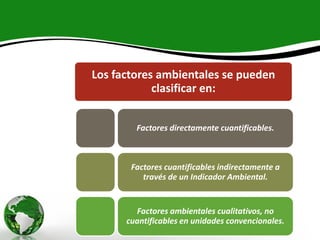 Los factores ambientales se pueden
clasificar en:
Factores directamente cuantificables.
Factores cuantificables indirectamente a
través de un Indicador Ambiental.
Factores ambientales cualitativos, no
cuantificables en unidades convencionales.
 