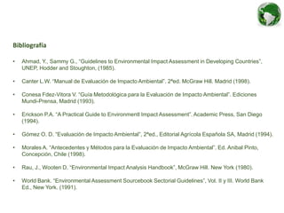Bibliografía
• Ahmad, Y., Sammy G., “Guidelines to Environmental Impact Assessment in Developing Countries”,
UNEP, Hodder and Stoughton, (1985).
• Canter L.W. “Manual de Evaluación de Impacto Ambiental”. 2ªed. McGraw Hill. Madrid (1998).
• Conesa Fdez-Vitora V. “Guía Metodológica para la Evaluación de Impacto Ambiental”. Ediciones
Mundi-Prensa, Madrid (1993).
• Erickson P.A. “A Practical Guide to Environmentl Impact Assessment”. Academic Press, San Diego
(1994).
• Gómez O. D. “Evaluación de Impacto Ambiental”, 2ªed., Editorial Agrícola Española SA, Madrid (1994).
• Morales A. “Antecedentes y Métodos para la Evaluación de Impacto Ambiental”. Ed. Anibal Pinto,
Concepción, Chile (1998).
• Rau, J., Wooten D. “Environmental Impact Analysis Handbook”, McGraw Hill. New York (1980).
• World Bank. “Environmental Assessment Sourcebook Sectorial Guidelines”, Vol. II y III. World Bank
Ed., New York. (1991).
 