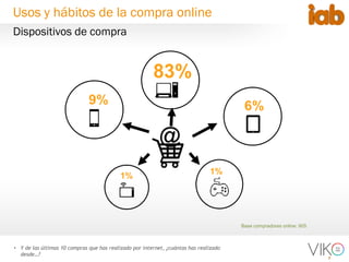 7
Base compradores online: 805
• Y de las últimas 10 compras que has realizado por internet, ¿cuántas has realizado
desde…?
83%
6%9%
@
1%
1%
Dispositivos de compra
Usos y hábitos de la compra online
 