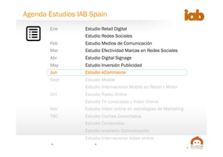 2
Agenda Estudios IAB Spain
Ene Estudio Retail Digital
Estudio Redes Sociales
Feb Estudio Medios de Comunicación
Mar Estudio Efectividad Marcas en Redes Sociales
Abr Estudio Digital Signage
May Estudio Inversión Publicidad
Jun Estudio eCommerce
Sept Estudio Mobile
Estudio Internacional Mobile en Retail y Motor
Oct Estudio Radio Online
Estudio TV conectada y Video Online
Nov Estudio Video online en estrategias de Marketing
TBC Estudio Coches Conectados
Estudio Contenidos
Estudio Inversión Comunicación
Estudio Internacional Video online
 