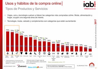 #IABeCommerce
ELABORADO POR:
PATROCINADO POR:
EstudioAnualdeeCommerce2017
22
75% 72%
67%
60%
53% 53%
44%
38% 38% 35%
29% 2...
