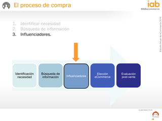 EstudioAnualdeeCommerce2016
28
#IABecommerce
ELABORADO POR:
1. Identificar necesidad
2. Búsqueda de información
3. Influenciadores.
El proceso de compra
Identificación
necesidad
Búsqueda de
información Influenciadores
Elección
eCommerce
Evaluación
post-venta
 