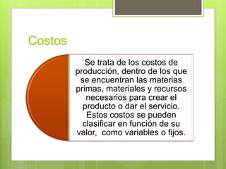 Costos
Se trata de los costos de
producción, dentro de los que
se encuentran las materias
primas, materiales y recursos
ne...