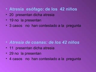 • Atresia esófago: de los 42 niños
• 20 presentan dicha atresia
• 19 no la presentan
• 3 casos no han contestado a la pregunta
• Atresia de coanas: de los 42 niños
• 11 presentan dicha atresia
• 29 no la presentan
• 4 casos no han contestado a la pregunta
 
