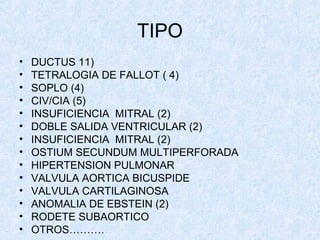 TIPO
• DUCTUS 11)
• TETRALOGIA DE FALLOT ( 4)
• SOPLO (4)
• CIV/CIA (5)
• INSUFICIENCIA MITRAL (2)
• DOBLE SALIDA VENTRICULAR (2)
• INSUFICIENCIA MITRAL (2)
• OSTIUM SECUNDUM MULTIPERFORADA
• HIPERTENSION PULMONAR
• VALVULA AORTICA BICUSPIDE
• VALVULA CARTILAGINOSA
• ANOMALIA DE EBSTEIN (2)
• RODETE SUBAORTICO
• OTROS……….
 