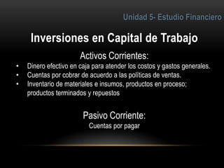 3
Activos Corrientes:
• Dinero efectivo en caja para atender los costos y gastos generales.
• Cuentas por cobrar de acuerdo a las políticas de ventas.
• Inventario de materiales e insumos, productos en proceso;
productos terminados y repuestos
Pasivo Corriente:
Cuentas por pagar
 