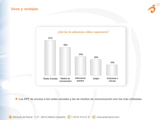 Usos y ventajasLas APP de acceso a las redes sociales y las de medios de comunicación son las más utilizadas.