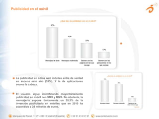 Publicidad en el móvilLa publicidad en sitios web móviles entra de verdad en escena este año (33%). Y la de aplicaciones asoma la cabeza. El usuario sigue identificando mayoritariamente publicidad en móvil con SMS y MMS. No obstante, la mensajería supone únicamente un 20,5% de la inversión publicitaria en móviles que en 2010 ha ascendido a 38 millones de euros.  