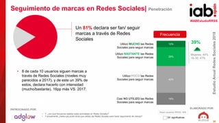 #IABEstudioRRSS
EstudioAnualRedesSociales2018
ELABORADO POR:PATROCINADO POR:
30
Seguimiento de marcas en Redes Sociales| Penetración
Un 81% declara ser fan/ seguir
marcas a través de Redes
Sociales
Utilizo MUCHO las Redes
Sociales para seguir marcas
Utilizo BASTANTE las Redes
Sociales para seguir marcas
Utilizo POCO las Redes
Sociales para seguir marcas
Casi NO UTILIZO las Redes
Sociales para seguir marcas
• Y, ¿con qué frecuencia realizas estas actividades en Redes Sociales?
• Y actualmente ¿hasta qué punto dirías que utilizas las Redes Sociales para hacer seguimiento de marcas?
Base usuarios RRSS: 909
Frecuencia
Mujeres: 44%
16-30: 47%
Dif. significativas
• 8 de cada 10 usuarios siguen marcas a
través de Redes Sociales (niveles muy
parecidos a 2017), y de este un 39% de
estos, declara hacerlo con intensidad
(mucho/bastante), 16pp más VS. 2017.
19%
42%
29%
10% 39%
23%
 