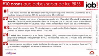 #IABEstudioRRSS
EstudioAnualRedesSociales2018
ELABORADO POR:PATROCINADO POR:
54
EstudioAnualRedesSociales2018
Las Redes Sociales se estabilizan entre la población española internauta, alcanzando así su
madurez con penetraciones 85% (lo que representa 25,5 millones).
#10 cosas que debes saber de las RRSS
#1
Las Redes Sociales que reinan el panorama español son WhatsApp, Facebook, Instagram y
Youtube. Facebook pierde presencia a favor de Instagram que no para de crecer y que además
aún tiene recorrido entre los usuarios (49%). Twitter es la Red que mayor tasa de abandono tiene.
#2
El móvil lidera la conexión a las Redes Sociales (95%), aunque existen Redes específicas por
dispositivo: WhatApp e Instagram son móvil, Facebook más ordenador y Youtube tanto ordenador
como tablet.
#4
Los españoles usuarios están 58 min diarios en promedio en las Redes Sociales, siendo los más
jóvenes los dedican mayor tiempo a ellas (1h 10 min).
#3
Las marcas son seguidas a través de Redes Sociales por un 81% de los usuarios. Para un 27%
que una marca tenga perfil en Redes es sinónimo de confianza.
#5
 