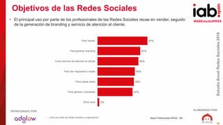 #IABEstudioRRSS
EstudioAnualRedesSociales2018
ELABORADO POR:PATROCINADO POR:
46
Objetivos de las Redes Sociales
• ¿Para qu...