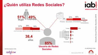 #IABEstudioRRSS
EstudioAnualRedesSociales2018
ELABORADO POR:PATROCINADO POR:
8
¿Quién utiliza Redes Sociales?
Base usuario...