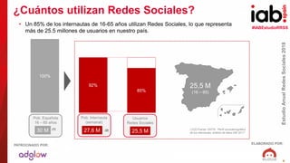 #IABEstudioRRSS
EstudioAnualRedesSociales2018
ELABORADO POR:PATROCINADO POR:
6
• Un 85% de los internautas de 16-65 años u...