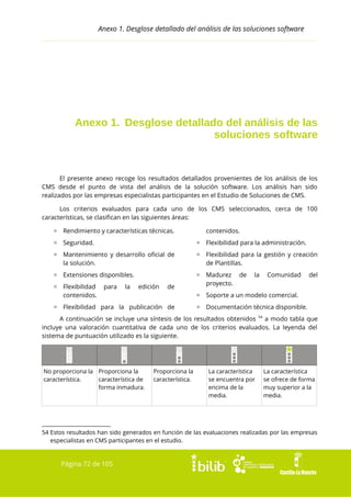 Anexo 1. Desglose detallado del análisis de las soluciones software

Anexo 1. Desglose detallado del análisis de las
soluciones software

El presente anexo recoge los resultados detallados provenientes de los análisis de los
CMS desde el punto de vista del análisis de la solución software. Los análisis han sido
realizados por las empresas especialistas participantes en el Estudio de Soluciones de CMS.
Los criterios evaluados para cada uno de los CMS seleccionados, cerca de 100
características, se clasifican en las siguientes áreas:
▫ Rendimiento y características técnicas.

contenidos.

▫ Seguridad.

▫ Flexibilidad para la administración.

▫ Mantenimiento y desarrollo oficial de
la solución.

▫ Flexibilidad para la gestión y creación
de Plantillas.

▫ Extensiones disponibles.

▫ Madurez
proyecto.

▫ Flexibilidad
contenidos.

para

la

edición

de

de

la

Comunidad

del

▫ Soporte a un modelo comercial.

▫ Flexibilidad para la publicación de

▫ Documentación técnica disponible.

A continuación se incluye una síntesis de los resultados obtenidos 54 a modo tabla que
incluye una valoración cuantitativa de cada uno de los criterios evaluados. La leyenda del
sistema de puntuación utilizado es la siguiente.

No proporciona la Proporciona la
característica.
característica de
forma inmadura.

Proporciona la
característica.

La característica
se encuentra por
encima de la
media.

La característica
se ofrece de forma
muy superior a la
media.

54 Estos resultados han sido generados en función de las evaluaciones realizadas por las empresas
especialistas en CMS participantes en el estudio.

Página 72 de 105

 