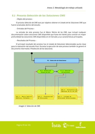 Anexo 3. Metodología de trabajo utilizada

5.1 Proceso Selección de las Soluciones CMS
- Objeto del proceso El proceso Selección de CMS tuvo por objetivo obtener el Listado de las Soluciones CMS que
fueron analizadas dentro del estudio.
- Entradas del Proceso La entrada de este proceso fue el Marco Teórico de los CMS, que incluyó cualquier
documentación sobre soluciones CMS disponible que fuese de interés para conocer en mayor
profundidad las soluciones CMS disponibles en el mercado y sus características principales.
- Resultados del Proceso El principal resultado del proceso fue el Listado de Soluciones Seleccionadas punto clave
para la realización del estudio final. Durante la ejecución de este proceso también se generó el
documento intermedio: Preselección de las Soluciones.

Imagen 2: Selección de CMS

Página 99 de 105

 