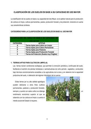 CLASIFICACIÓN DE LOS SUELOS EN BASE A SU CAPACIDAD DE USO MAYOR
La clasificación de los suelos en base a su capacidad de Uso Mayor, es la aptitud natural para la producción
de cultivos en limpio, cultivos permanentes, pastos, producción forestal y de protección, teniendo en cuenta
sus características similares.
CATEGORÍAS PARA LA CLASIFICACIÓN DE LOS SUELOS EN BASE AL USO MAYOR
CLASIFICACIÓN DEL SUELO EN BASE A SU CAPACIDAD DE
USO MAYOR
CATEGORIA APTITUD
A Tierras Aptas para Cultivo en Limpio
C Tierras Aptas para Cultivo Permanente
P Tierras Aptas para Pastoreo
F Tierras Aptas para Producción Forestal
X Tierras de Protección (Suelos muy Frágiles)
1. TIERRAS APTAS PARA CULTIVO EN LIMPIO (A)
Las tierras reúnen condiciones ecológicas, que permiten la remoción periódica y continuada del suelo,
facilitando el sembrío de plantas herbáceas o semiarbustivas de corto período vegetativo, conducidos
bajo técnicas económicamente accesibles a los agricultores de la zona y sin deterioro de la capacidad
productiva del suelo, ni alteración del régimen hidrológico de la cuenca.
Estas tierras por su alta calidad agrológica
pueden dedicarse a otros fines (cultivos
permanentes, pastoreo y producción forestal),
siempre y cuando con estos cultivo se obtenga un
rendimiento económico superior al que se
obtendría con los cultivos en limpio o cuando el
interés social del Estado lo requiera.
12
 