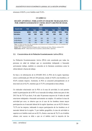 DIAGNÓSTICO SOCIO ECONÓMICO LABORAL DE LA REGIÓN APURÍMAC 
OSEL - APURÍMAC 
30 
alcanzan el 40,4% y en el ámbito rural 33,4%. 
CUADRO 2.1 
REGIÓN APURÍMAC: POBLACIÓN EN EDAD DE TRABAJAR (PET) POR ÁMBITO GEOGRÁFICO Y SEXO, SEGÚN GRUPOS DE EDAD, 2012 
Nota: Las bases de datos han sido actualizadas con proyección de la población en base a los resultados del Censo de Población y Vivienda 2007. 
Fuente: INEI - Encuesta Nacional de Hogares sobre Condiciones de Vida y Pobreza, continua 2012. 
Elaboración: DRTPE - Observatorio Socio Económico Laboral (OSEL) Apurímac. 
2.2. Características de la Población Económicamente Activa (PEA) 
La Población Económicamente Activa (PEA) está constituida por todas las personas en edad de trabajar que se encontraban trabajando o buscando activamente trabajo, también es conocida en la literatura económica como la oferta laboral o fuerza de trabajo. 
En base a la información de la ENAHO 2012, la PEA de la región Apurímac estuvo conformada por 246 mil 245 personas, donde el 54,6% eran hombres y el 45,4% restante mujeres. Asimismo, la PEA se concentró principalmente en el área rural con el 62,5%, mientras que el 37,5% corresponde al área urbana. 
Un indicador relacionado con la PEA es la tasa de actividad, la cual permite medir la participación de la PET en el mercado de trabajo; dicha tasa para el año 2012 fue de 79,7%,es decir, 8 de cada 10 personas mayores de 14 años de edad estuvieron trabajando o buscando activamente un empleo. Al analizar la tasa de actividad por sexo, se observa que en el caso de los hombres tienen mayor participación en el mercado laboral de la región Apurímac con un 85,5% frente a 73,7% de las mujeres, indicando la mayor participación de los hombres en el mercado laboral de la región. Y por ámbito geográfico, la tasa de actividad es superior en el ámbito rural con un 82,1%, frente a una tasa de 76,1% en el ámbito urbano; este suceso se debe a que en el ámbito rural la mayoría de las 
TotalHombreMujerTotalHombreMujerTotal absoluto308 826121 31860 36160 957187 50896 94590 563Total relativo100,0100,0100,0100,0100,0100,0100De 14 a 29 años38,342,745,040,435,437,233,4De 30 a 44 años32,632,831,434,232,533,431,4De 45 a más años29,124,523,625,432,129,435,2Grupo de edadUrbanoRuralTotal  