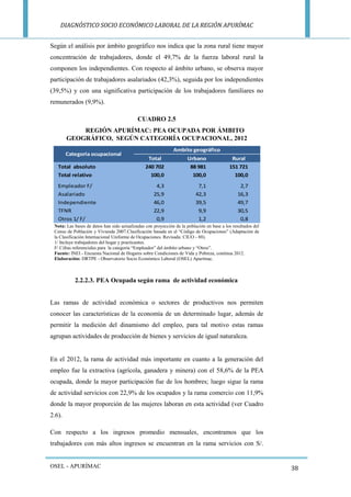 DIAGNÓSTICO SOCIO ECONÓMICO LABORAL DE LA REGIÓN APURÍMAC 
OSEL - APURÍMAC 
38 
Según el análisis por ámbito geográfico nos indica que la zona rural tiene mayor concentración de trabajadores, donde el 49,7% de la fuerza laboral rural la componen los independientes. Con respecto al ámbito urbano, se observa mayor participación de trabajadores asalariados (42,3%), seguida por los independientes (39,5%) y con una significativa participación de los trabajadores familiares no remunerados (9,9%). 
CUADRO 2.5 
REGIÓN APURÍMAC: PEA OCUPADA POR ÁMBITO GEOGRÁFICO, SEGÚN CATEGORÍA OCUPACIONAL, 2012 
Nota: Las bases de datos han sido actualizadas con proyección de la población en base a los resultados del Censo de Población y Vivienda 2007.Clasificación basada en el “Código de Ocupaciones” (Adaptación de la Clasificación Internacional Uniforme de Ocupaciones. Revisada: CIUO - 88). 
1/ Incluye trabajadores del hogar y practicantes. 
F/ Cifras referenciales para la categoría “Empleador” del ámbito urbano y “Otros”. 
Fuente: INEI - Encuesta Nacional de Hogares sobre Condiciones de Vida y Pobreza, continua 2012. 
Elaboración: DRTPE - Observatorio Socio Económico Laboral (OSEL) Apurímac. 
2.2.2.3. PEA Ocupada según rama de actividad económica 
Las ramas de actividad económica o sectores de productivos nos permiten conocer las características de la economía de un determinado lugar, además de permitir la medición del dinamismo del empleo, para tal motivo estas ramas agrupan actividades de producción de bienes y servicios de igual naturaleza. 
En el 2012, la rama de actividad más importante en cuanto a la generación del empleo fue la extractiva (agrícola, ganadera y minera) con el 58,6% de la PEA ocupada, donde la mayor participación fue de los hombres; luego sigue la rama de actividad servicios con 22,9% de los ocupados y la rama comercio con 11,9% donde la mayor proporción de las mujeres laboran en esta actividad (ver Cuadro 2.6). 
Con respecto a los ingresos promedio mensuales, encontramos que los trabajadores con más altos ingresos se encuentran en la rama servicios con S/. 
Total UrbanoRuralTotal absoluto 240 70288 981151 721Total relativo100,0100,0100,0Empleador F/4,37,12,7Asalariado25,942,316,3Independiente46,039,549,7TFNR22,99,930,5Otros 1/ F/0,91,20,8Categoria ocupacionalAmbito geográfico  