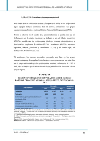 DIAGNÓSTICO SOCIO ECONÓMICO LABORAL DE LA REGIÓN APURÍMAC 
OSEL - APURÍMAC 
40 
2.2.2.4. PEA Ocupada según grupo ocupacional 
Una forma más de caracterizar a la PEA ocupada es a través de sus ocupaciones (que agrupan trabajos similares). Por tal motivo, utilizaremos los grupos ocupacionales definidos a partir del Código Nacional de Ocupaciones (CNO). 
Como se observa en el Cuadro 2.8, aproximadamente la quinta parte de los trabajadores en la región Apurímac se dedican a las actividades extractivas (58,4%), seguido por los profesionales, técnicos, gerentes, administradores y funcionarios, empleados de oficina (12,2%), vendedores (11,2%), artesanos, operarios, obreros, jornaleros y conductores (11,1%); y en último lugar, los trabajadores de servicios (7,1%). 
Si analizamos los ingresos promedios mensuales con base en los grupos ocupacionales que desempeñan los trabajadores, encontramos que son más altos en el grupo conformado por los profesionales, técnicos y afines con S/.1 502 al mes, esto se explica por el nivel educativo que poseen el cual va acorde con un mayor ingreso. 
CUADRO 2.8 
REGIÓN APURÍMAC: PEA OCUPADA POR SEXO E INGRESO LABORAL PROMEDIO MESNUAL, SEGÚN GRUPO OCUPACIONAL, 2012 
Nota: Las bases de datos han sido actualizadas con proyección de la población en base a los resultados del Censo de Población y Vivienda 2007.Para el cálculo de los ingresos se excluye a los trabajadores familiares no remunerados (TFNR). 
1/ Comprende a los trabajadores que se dedican a la agricultura, ganadería, pesca, mineros y canteros. 
F/ Cifras referenciales para los hombres que pertenecen a la categoría “Vendedores” y “Trabajador de servicios y del hogar”. 
Fuente: INEI - Encuesta Nacional de Hogares sobre Condiciones de Vida y Pobreza, continua 2012. 
Elaboración: DRTPE - Observatorio Socio Económico Laboral (OSEL) Apurímac. 
 