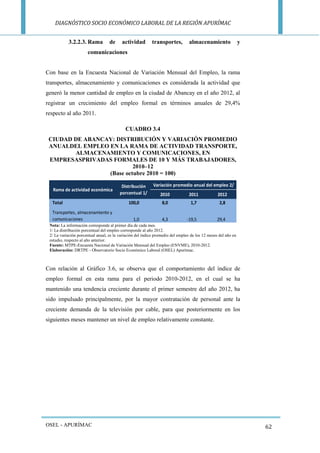 DIAGNÓSTICO SOCIO ECONÓMICO LABORAL DE LA REGIÓN APURÍMAC 
OSEL - APURÍMAC 
62 
3.2.2.3. Rama de actividad transportes, almacenamiento y comunicaciones 
Con base en la Encuesta Nacional de Variación Mensual del Empleo, la rama transportes, almacenamiento y comunicaciones es considerada la actividad que generó la menor cantidad de empleo en la ciudad de Abancay en el año 2012, al registrar un crecimiento del empleo formal en términos anuales de 29,4% respecto al año 2011. 
CUADRO 3.4 
CIUDAD DE ABANCAY: DISTRIBUCIÓN Y VARIACIÓN PROMEDIO ANUALDEL EMPLEO EN LA RAMA DE ACTIVIDAD TRANSPORTE, ALMACENAMIENTO Y COMUNICACIONES, EN EMPRESASPRIVADAS FORMALES DE 10 Y MÁS TRABAJADORES, 2010–12 
(Base octubre 2010 = 100) 
Nota: La información corresponde al primer día de cada mes. 
1/ La distribución porcentual del empleo corresponde al año 2012. 
2/ La variación porcentual anual, es la variación del índice promedio del empleo de los 12 meses del año en estudio, respecto al año anterior. 
Fuente: MTPE-Encuesta Nacional de Variación Mensual del Empleo (ENVME), 2010-2012. 
Elaboración: DRTPE - Observatorio Socio Económico Laboral (OSEL) Apurímac. 
Con relación al Gráfico 3.6, se observa que el comportamiento del índice de empleo formal en esta rama para el periodo 2010-2012, en el cual se ha mantenido una tendencia creciente durante el primer semestre del año 2012, ha sido impulsado principalmente, por la mayor contratación de personal ante la creciente demanda de la televisión por cable, para que posteriormente en los siguientes meses mantener un nivel de empleo relativamente constante. 
201020112012Total100,08,01,72,8Transportes, almacenamiento y comunicaciones1,04,3-19,529,4Rama de actividad económicaDistribución porcentual 1/ Variación promedio anual del empleo 2/  