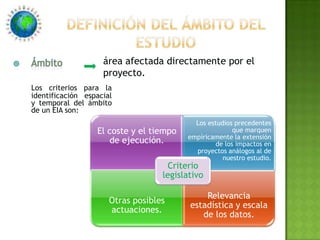 Definición del ámbito del estudioárea afectada directamente por el proyecto.ÁmbitoLos criterios para la identificación espacial y temporal del ámbito de un EIA son: