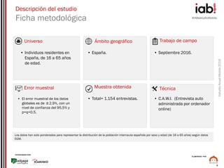 #IABestudioMobile
EstudioAnualMobile2016
PATROCINADO POR:
ELABORADO POR:
4
Universo
Muestra obtenida
Trabajo de campo
Técnica
Ámbito geográfico
Error muestral
• Individuos residentes en
España, de 16 a 65 años
de edad.
• España. • Septiembre 2016.
• El error muestral de los datos
globales es de ±2,9%, con un
nivel de confianza del 95,5% y
p=q=0.5.
• Total= 1.154 entrevistas. • C.A.W.I. (Entrevista auto
administrada por ordenador
online)
Los datos han sido ponderados para representar la distribución de la población internauta española por sexo y edad (de 16 a 65 años) según datos
EGM.
Descripción del estudio
Ficha metodológica
 