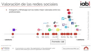 #IABEstudioRRSS
EstudioAnualRedesSociales2020
ELABORADO POR:PATROCINADO POR:
Valoración de las redes sociales
● En una esc...