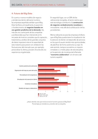 4. Futuro del Big Data
En cuanto a nuevos modelos de negocio
y tendencias dentro del sector turístico,
las empresas españolas señalan que el Big
Data facilitará, principalmente, la aparición
o fortalecimiento de negocios basados en
una gestión predictiva de la demanda. Así,
más de una cuarta parte de las compañías
y profesionales que han intervenido en la
encuesta de Invat.tur considera que la captación,
tratamiento y análisis de los grandes conjuntos
de datos impactará más en la capacidad de
esta industria para prever con antelación las
fluctuaciones del mercado que, por ejemplo,
personalizar la oferta y proveer al turista de una
experiencia singularizada.
En segundo lugar, con un 20% de las
valoraciones recogidas, el sector estima que
esta tecnología contribuirá a la construcción
de negocios verdaderamente novedosos o
innovadores –más allá de la sofisticación de los
ya existentes-.
Menos relevante es para las empresas el efecto
que el Big Data pueda tener la virtualización de
la atención al cliente o el desarrollo de servicios
en los que el usuario tendrá más oportunidades
de planificar de forma autónoma su viaje. En
este sentido, tampoco se estima un impacto
inmediato o a medio plazo de esta disciplina
en la aparición de iniciativas de la llamada
“economía colaborativa”, en el marco del
turismo español.
¿Hacia dónde cree que evolucionará el turismo gracias al Big Data?
Porcentaje por tendencia y tamaño de la compañía.
Gestión predictiva de la demanda
Organización del viaje por parte del turista
Personalización de la experiencia
Virtualización de la atención al cliente
Iniciativas innovadoras
Modelos de negocio colaborativos
5 10 15 20 25 30
Más de 500
Entre 100 y 500
Menos de 100
BIG DATA: RETOS Y OPORTUNIDADES PARA EL TURISMO 61
 
