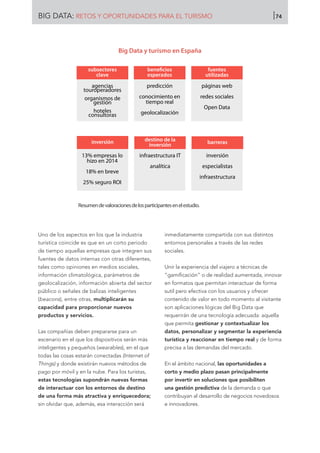 Uno de los aspectos en los que la industria
turística coincide es que en un corto periodo
de tiempo aquellas empresas que integren sus
fuentes de datos internas con otras diferentes,
tales como opiniones en medios sociales,
información climatológica, parámetros de
geolocalización, información abierta del sector
público o señales de balizas inteligentes
(beacons), entre otras, multiplicarán su
capacidad para proporcionar nuevos
productos y servicios.
Las compañías deben prepararse para un
escenario en el que los dispositivos serán más
inteligentes y pequeños (wearables), en el que
todas las cosas estarán conectadas (Internet of
Things) y donde existirán nuevos métodos de
pago por móvil y en la nube. Para los turistas,
estas tecnologías supondrán nuevas formas
de interactuar con los entornos de destino
de una forma más atractiva y enriquecedora;
sin olvidar que, además, esa interacción será
inmediatamente compartida con sus distintos
entornos personales a través de las redes
sociales.
Unir la experiencia del viajero a técnicas de
“gamificación” o de realidad aumentada, innovar
en formatos que permitan interactuar de forma
sutil pero efectiva con los usuarios y ofrecer
contenido de valor en todo momento al visitante
son aplicaciones lógicas del Big Data que
requerirán de una tecnología adecuada: aquella
que permita gestionar y contextualizar los
datos, personalizar y segmentar la experiencia
turística y reaccionar en tiempo real y de forma
precisa a las demandas del mercado.
En el ámbito nacional, las oportunidades a
corto y medio plazo pasan principalmente
por invertir en soluciones que posibiliten
una gestión predictiva de la demanda o que
contribuyan al desarrollo de negocios novedosos
e innovadores.
beneﬁcios
esperados
predicción
conocimiento en
tiempo real
geolocalización
fuentes
utilizadas
páginas web
redes sociales
Open Data
destino de la
inversión
infraestructura IT
analítica
inversión
13% empresas lo
hizo en 2014
18% en breve
25% seguro ROI
barreras
inversión
especialistas
infraestructura
subsectores
clave
agencias
touroperadores
organismos de
gestión
hoteles
consultoras
Resumendevaloracionesdelosparticipantesenelestudio.
Big Data y turismo en España
BIG DATA: RETOS Y OPORTUNIDADES PARA EL TURISMO 74
 