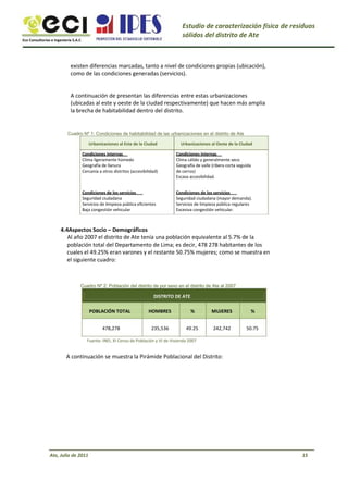 Eco Consultorías e Ingeniería S.A.C
Estudio de caracterización física de residuos
sólidos del distrito de Ate
existen diferencias marcadas, tanto a nivel de condiciones propias (ubicación),
como de las condiciones generadas (servicios).
A continuación de presentan las diferencias entre estas urbanizaciones
(ubicadas al este y oeste de la ciudad respectivamente) que hacen más amplia
la brecha de habitabilidad dentro del distrito.
Cuadro Nº 1: Condiciones de habitabilidad de las urbanizaciones en el distrito de Ate
Urbanizaciones al Este de la Ciudad
Condiciones internas
Clima ligeramente húmedo
Geografía de llanura
Cercanía a otros distritos (accesibilidad)
Urbanizaciones al Oeste de la Ciudad
Condiciones internas
Clima cálido y generalmente seco
Geografía de valle (ribera corta seguida
de cerros)
Escasa accesibilidad.
Condiciones de los servicios
Seguridad ciudadana (mayor demanda).
Servicios de limpieza pública regulares
Excesiva congestión vehicular.
Condiciones de los servicios
Seguridad ciudadana
Servicios de limpieza pública eficientes
Baja congestión vehicular
4.4Aspectos Socio – Demográficos
Al año 2007 el distrito de Ate tenía una población equivalente al 5.7% de la
población total del Departamento de Lima; es decir, 478 278 habitantes de los
cuales el 49.25% eran varones y el restante 50.75% mujeres; como se muestra en
el siguiente cuadro:
Cuadro Nº 2: Población del distrito de por sexo en el distrito de Ate al 2007
DISTRITO DE ATE
POBLACIÓN TOTAL
478,278
HOMBRES
235,536
%
49.25
MUJERES
242,742
%
50.75
Fuente: INEI, XI Censo de Población y VI de Vivienda 2007
A continuación se muestra la Pirámide Poblacional del Distrito:
Ate, Julio de 2011 15
 
