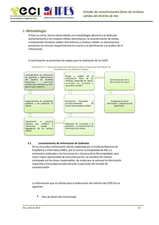 Eco Consultorías e Ingeniería S.A.C
Estudio de caracterización física de residuos
sólidos del distrito de Ate
5. Metodología
Si bien es cierto, hemos desarrollado una metodología adicional a la dedicada
exclusivamente a los residuos sólidos domiciliarios, la caracterización de ambos
componentes (residuos sólidos domiciliarios y residuos sólidos no domiciliarios)
presentan los mismos requerimientos en cuanto a la planificación y al análisis de la
información.
A continuación se presentan las etapas para la realización de los ECRS.
Ilustración Nº 7: Secuencia lógica de intervención para la realización del Estudio de
Caracterización de Residuos Sólidos
5.1 Levantamiento de Información de Gabinete
Se ha recurrido a información oficial, elaborada por el Instituto Nacional de
Estadística e Informática (INEI), por la misma municipalidad de Ate y a
entrevistas realizadas a los funcionarios y técnicos de la Municipalidad; para
tener mayor oportunidad de esta información, se coordinó de manera
anticipada con las áreas responsables, de modo que se procesó la información
requerida y fue proporcionada durante la ejecución del estudio de
caracterización.
La información que se solicitó para la elaboración del informe del ECRS fue la
siguiente:
• Plan de desarrollo Concertado
22Ate, Julio de 2011
 