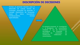 Es necesario promover la investigación
y la divulgación de conocimiento
mediante el uso de herramientas
tecnológicas, de búsqueda, de
generación de contenidos, de
construcción colaborativa de
conocimientos
.
Formar al personal docente para el
desarrollo de nuevas formas de
investigar, necesidad de aprender a
manejar dispositivos de búsqueda,
bases de datos, buscadores,
metabuscadores, revistas
especializadas.
DESCRIPCIÓN DE DECISIONES
 