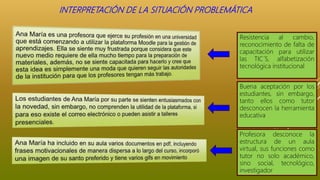 INTERPRETACIÓN DE LA SITUACIÓN PROBLEMÁTICA
Resistencia al cambio,
reconocimiento de falta de
capacitación para utilizar
las TIC´S, alfabetización
tecnológica institucional
Buena aceptación por los
estudiantes, sin embargo,
tanto ellos como tutor
desconocen la herramienta
educativa
Profesora desconoce la
estructura de un aula
virtual, sus funciones como
tutor no solo académico,
sino social, tecnológico,
investigador
 