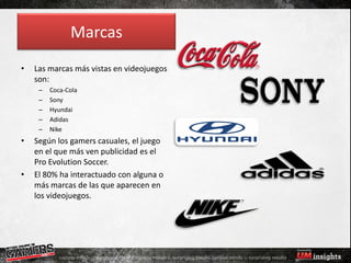 Marcas
•   Las marcas más vistas en videojuegos
    son:
     –   Coca-Cola
     –   Sony
     –   Hyundai
     –   Adidas
     –   Nike
•   Según los gamers casuales, el juego
    en el que más ven publicidad es el
    Pro Evolution Soccer.
•   El 80% ha interactuado con alguna o
    más marcas de las que aparecen en
    los videojuegos.
 