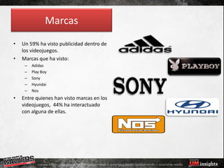 Marcas
•   Un 59% ha visto publicidad dentro de
    los videojuegos.
•   Marcas que ha visto:
     –   Adidas
     –   Play Boy
     –   Sony
     –   Hyundai
     –   Nos
•   Entre quienes han visto marcas en los
    videojuegos, 44% ha interactuado
    con alguna de ellas.
 
