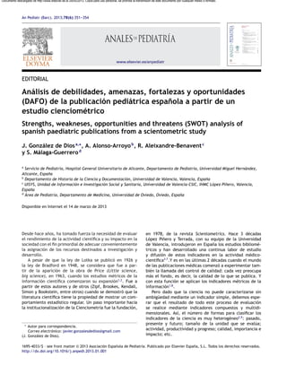 An Pediatr (Barc). 2013;78(6):351---354
www.elsevier.es/anpediatr
EDITORIAL
Análisis de debilidades, amenazas, fortalezas ...