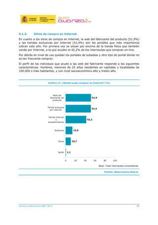 Comercio Electrónico B2C 2010 28
5.1.3. Sitios de compra en Internet
En cuanto a los sitios de compra en Internet, la web del fabricante del producto (51,9%)
y las tiendas exclusivas por Internet (51,4%) son los portales que más importancia
cobran este año. Por primera vez se sitúan por encima de la tienda física que también
vende por Internet, a la que acuden el 42,2% de los internautas que compran on-line.
Por detrás en nivel de uso quedan los portales de subastas y otro tipo de portal donde no
es tan frecuente comprar.
El perfil de los individuos que acude a las web del fabricante responde a las siguientes
características: hombres, menores de 25 años residentes en capitales y localidades de
100.000 o más habitantes, y con nivel socioeconómico alto y medio alto.
Gráfico 17. ¿Dónde suele comprar en Internet? (%)
1,1
10,7
13,9
42,2
51,4
51,9
0 20 40 60 80 100
Ns/Nc
Otros
Subastas
Tienda internet
y
establecimiento
Tienda exclusiva
por internet
Web del
fabricante del
producto
Base: Total internautas compradores
Fuente: Observatorio Red.es
 