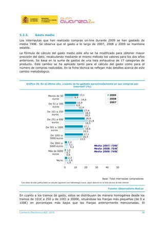 Comercio Electrónico B2C 2010 38
5.2.3. Gasto medio
Los internautas que han realizado compras on-line durante 2009 se han gastado de
media 749€. Se observa que el gasto a lo largo de 2007, 2008 y 2009 se mantiene
estable.
La fórmula de cálculo del gasto medio este año se ha modificado para obtener mayor
precisión del dato, recalculando mediante el mismo método los valores para los dos años
anteriores. Se basa en la suma de gastos de una lista exhaustiva de 17 categorías de
producto. Este cambio se ha aplicado tanto para el cálculo del gasto como para el
número de compras realizadas. En la ficha técnica se reflejan más detalles acerca de este
cambio metodológico.
Gráfico 26. En el último año, ¿cuánto se ha gastado aproximadamente en sus compras por
Internet? (%)
1,4
0,8
4,2
13,5
16,5
18,5
18,2
12,4
14,6
2,9
0,7
3,1
16,4
18,6
21,8
18,3
9,9
8,4
2,3
1,0
2,2
17,1
17,1
18,9
17,4
10,9
13,1
0 10 20 30 40 50
Ns/nc
Más de 6000
euros
De 3001 a
6000 euros
De 1001 a
3000 euros
De 501 a 1000
euros
De 251 a 500
euros
De 101 a 250
euros
De 51 a 100
euros
Menos de 50
euros
2009
2008
2007
Media 2007: 739€
Media 2008: 754€
Media 2009: 749€
Base: Total internautas compradores
*Los datos de este gráfico/tabla se calculan siguiendo una metodología nueva, según descrito en la ficha técnica de este informe
Fuente: Observatorio Red.es
En cuanto a los tramos de gasto, estos se distribuyen de manera homogénea desde los
tramos de 101€ a 250 y de 1001 a 3000€, situándose las franjas más pequeñas (de 0 a
100€) en porcentajes más bajos que las franjas anteriormente mencionadas. El
 