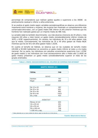 Comercio Electrónico B2C 2010 39
porcentaje de compradores que realizan gastos iguales o superiores a los 3000€ es
prácticamente residual e inferior a años anteriores.
Si se analiza el gasto medio según variables sociodemográficas se observa una diferencia
importante entre hombres y mujeres; las mujeres han mostrado un comportamiento más
conservador/ahorrador, con un gasto medio 50€ inferior al año anterior mientras que los
hombres han realizado gastos por un importe medio de 48€ más.
La variable edad es también discriminante. Los más jóvenes (menores de 25 años) y más
mayores (65 años y más) tienen un gasto medio considerablemente inferior (media de
307€ y 423€ respectivamente). En cambio, los individuos de 35 a 64 años gastan más
que la media. Concretamente, los individuos de 35 a 49 años gastan de media 862€
mientras que los de 50 a 64 años gastan hasta 1.023€.
En cuanto al tamaño de hábitat, se observa que en las ciudades de tamaño medio
(20.000 a 50.000 habitantes) se concentra un gasto medio inferior al resto y a la media
nacional. Por su parte, los individuos con estudios universitarios superiores (con 1.076€
de gasto medio) y los individuos con nivel socioeconómico alto o medio alto (1.042€ de
gasto medio) presentan un gasto medio considerablemente superior al resto de los
grupos analizados.
TABLA 3. PERFIL SOCIOECONÓMICO DEL VOLUMEN DE COMPRAS POR INTERNET
GASTO MEDIO (€)
TOTAL 749
SEXO
Hombre 797
Mujer 699
EDAD
De 15 a 24 307
De 25 a 34 651
De 35 a 49 862
De 50 a 64 1023
65 y más 423
HÁBITAT
Menos 10 mil 655
10 a 20 mil 451
20 a 50 mil 597
50 a 100 mil 748
+100 mil y cap, 935
* Datos obtenidos con un nuevo método de cálculo, según se describe en la Ficha técnica.
Fuente: Observatorio Red.es
 