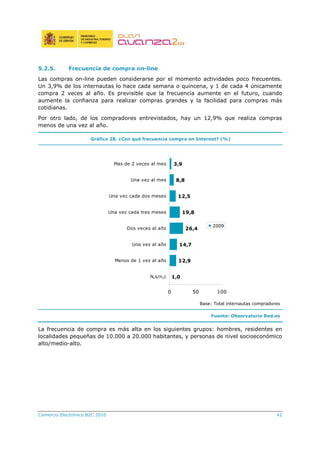 Comercio Electrónico B2C 2010 42
5.2.5. Frecuencia de compra on-line
Las compras on-line pueden considerarse por el momento actividades poco frecuentes.
Un 3,9% de los internautas lo hace cada semana o quincena, y 1 de cada 4 únicamente
compra 2 veces al año. Es previsible que la frecuencia aumente en el futuro, cuando
aumente la confianza para realizar compras grandes y la facilidad para compras más
cotidianas.
Por otro lado, de los compradores entrevistados, hay un 12,9% que realiza compras
menos de una vez al año.
Gráfico 28. ¿Con qué frecuencia compra en Internet? (%)
1,0
12,9
14,7
26,4
19,8
12,5
8,8
3,9
0 50 100
N,s/n,c
Menos de 1 vez al año
Una vez al año
Dos veces al año
Una vez cada tres meses
Una vez cada dos meses
Una vez al mes
Mas de 2 veces al mes
2009
Base: Total internautas compradores
Fuente: Observatorio Red.es
La frecuencia de compra es más alta en los siguientes grupos: hombres, residentes en
localidades pequeñas de 10.000 a 20.000 habitantes, y personas de nivel socioeconómico
alto/medio-alto.
 