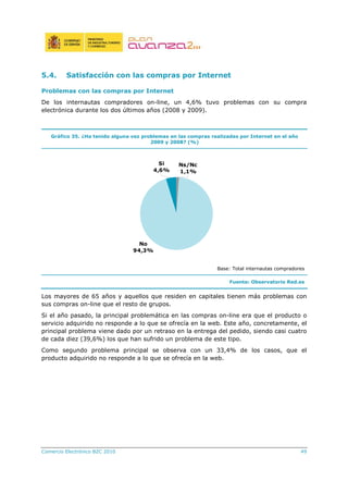 Comercio Electrónico B2C 2010 49
5.4. Satisfacción con las compras por Internet
Problemas con las compras por Internet
De los internautas compradores on-line, un 4,6% tuvo problemas con su compra
electrónica durante los dos últimos años (2008 y 2009).
Gráfico 35. ¿Ha tenido alguna vez problemas en las compras realizadas por Internet en el año
2009 y 2008? (%)
Ns/Nc
1,1%
No
94,3%
Si
4,6%
Base: Total internautas compradores
Fuente: Observatorio Red.es
Los mayores de 65 años y aquellos que residen en capitales tienen más problemas con
sus compras on-line que el resto de grupos.
Si el año pasado, la principal problemática en las compras on-line era que el producto o
servicio adquirido no responde a lo que se ofrecía en la web. Este año, concretamente, el
principal problema viene dado por un retraso en la entrega del pedido, siendo casi cuatro
de cada diez (39,6%) los que han sufrido un problema de este tipo.
Como segundo problema principal se observa con un 33,4% de los casos, que el
producto adquirido no responde a lo que se ofrecía en la web.
 