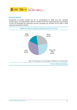 Comercio Electrónico B2C 2010 68
Primera compra
Analizando la primera compra de los no compradores en 2009 que han realizado
transacciones con anterioridad, 2007 se muestra como año importante para las compras
on-line. El porcentaje de individuos que han comprado por primera vez en 2007 o años
anteriores asciende al 59,6%.
Gráfico 49. ¿Cuándo compró por Internet por primera vez? (%)
Ns/Nc
24,6%
2008
15,8%
2007
33,6%
Antes del
2007
26,0%
Base: Internautas que no han comprado en 2009 pero sí con anterioridad
Fuente: Observatorio Red.es
 