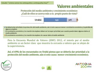 Estudio “¿Cómo somos los antioqueños y antioqueñas hoy?”
Valores ambientales
Protección del medio ambiente y crecimiento económico
¿Cuál de ellos se acerca más a su propio punto de vista?
Para la Encuesta Mundial de Valores (EMV) 2012, el interés por el medio
ambiente es un factor clave que muestra la cercanía a valores que se alejan de
la supervivencia.
Así, el 69% de los encuestados en Urabá piensa que se debería dar prioridad a la
protección del medio ambiente, aún si esto causa menor crecimiento económico.
 