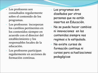 -  Los profesores son consultados regularmente sobre el contenido de los programas. Los profesores  incorporan los cambios pertinentes en los contenidos siempre en acuerdo con el director del establecimiento y los responsables locales de la educación. Los profesores participan regularmente en acciones de formación continua. Los programas son diseñados por otras personas que no están insertos en Educación. No se puede hacer cambios ni innovaciones  en los contenidos siempre nos regimos a lo estipulado. No existe cursos de formación continua ni cursos para actualizaciones pedagógicas  