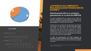 ¿HAPEDIDOALGO,COMPRADOO
REALIZADOALGUNATRANSACCIÓNVÍA
INTERNET?
Al analizar detalladamente las razones por las cuales las
personas manifestaron no haber realizado transacciones por
internet, nos dimos cuenta que tenía que ver más con un
tema cultural y no de edad como se suponía.
A pesar de lo que se piensa de las generación nativa digital
(Centennials) y la generación migrante digital (Milenniales),
cuyo ADN es más fuerte en este campo (digital),
encontramos que el 60% de estos usuarios, aún no han
realizado por primera vez alguna transacción por internet;
confirmándonos que al final no se trata de un tema relativo a
la edad, también tiene que ver la accesibilidad y la confianza
de los usuarios hacia los medios digitales.
La falta de bancarización, los mitos alrededor de
fraudes por internet y el temor de no saber cómo hacerlo
son las principales barreras a la hora de tomar una decisión
como esta.
Definitivamente NO es un problema
generacional, es un tema de HÁBITOS
*83% de los que manifestaron nunca haber realizado una transacción por internet,
son usuarios de telefonía prepago.
¿Por qué NO?
 