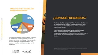 *83% de los que manifestaron nunca haber realizado una transacción por internet,
son usuarios de telefonía prepago.
El confinamiento ayudó a darle impulso al uso de
las plataformas digitales para adquisición de
bienes y servicios, sin embargo el porcentaje de
usuarios que sigue manifestando temor para
acceder a este tipo de soluciones sigue siendo
signficativo.
¿CON QUÉ FRECUENCIA?
Whatsapp (62,5%), Instagram (45%) y Facebook (32,5%), son
las redes favoritas de aquellos quienes manifestaron hacer
transacciones por internet 1 (una) vez al mes y más de 4
(cuatro) veces al mes.
Estos usuarios manifestaron la fuerte influencia que
tienen estas aplicaciones a la hora de realizar
transacciones digitales, independientemente de si el pago lo
hacen através de pasarelas digitales o por transferencias
directas.
Utilizan las redes sociales para
realizar transacciones
 